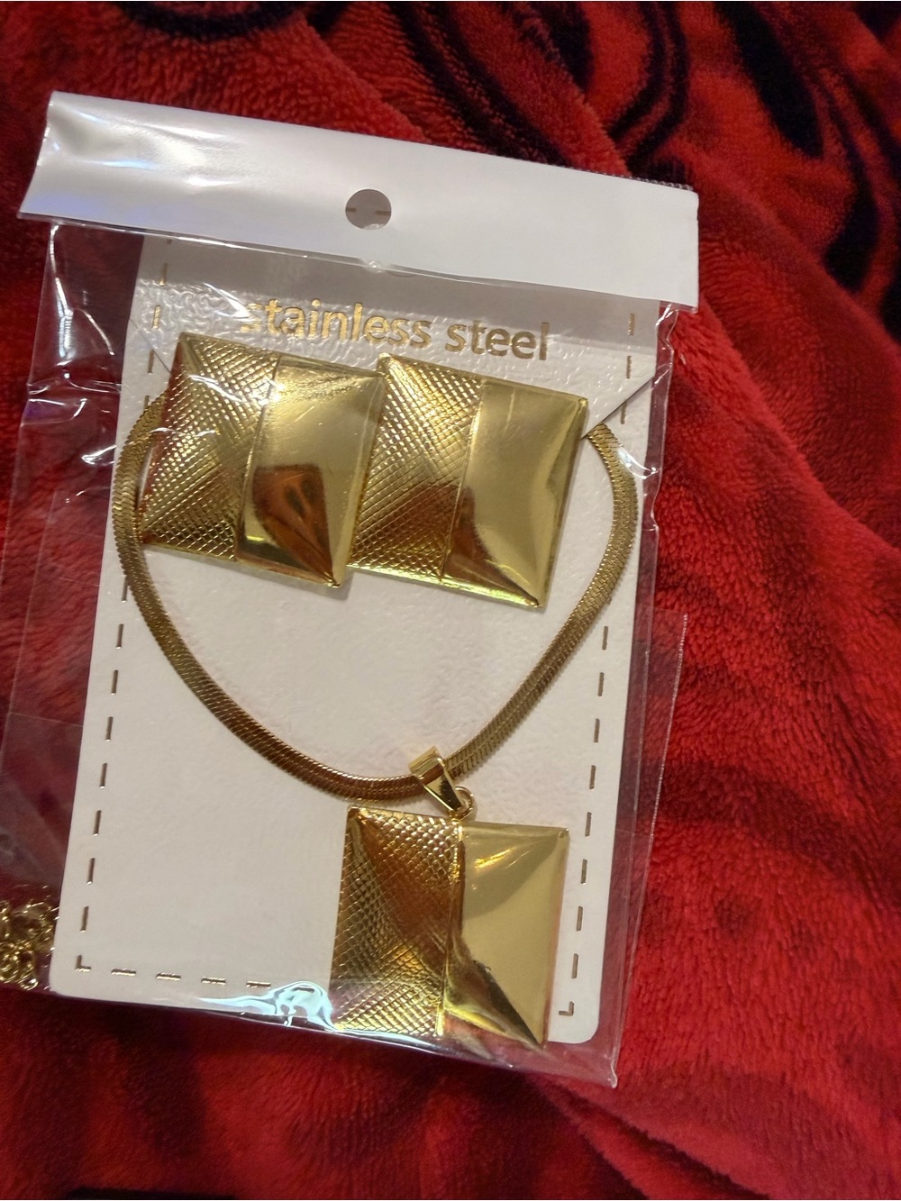Gold Stainless Steel Square Pendant Necklace and Earring Set